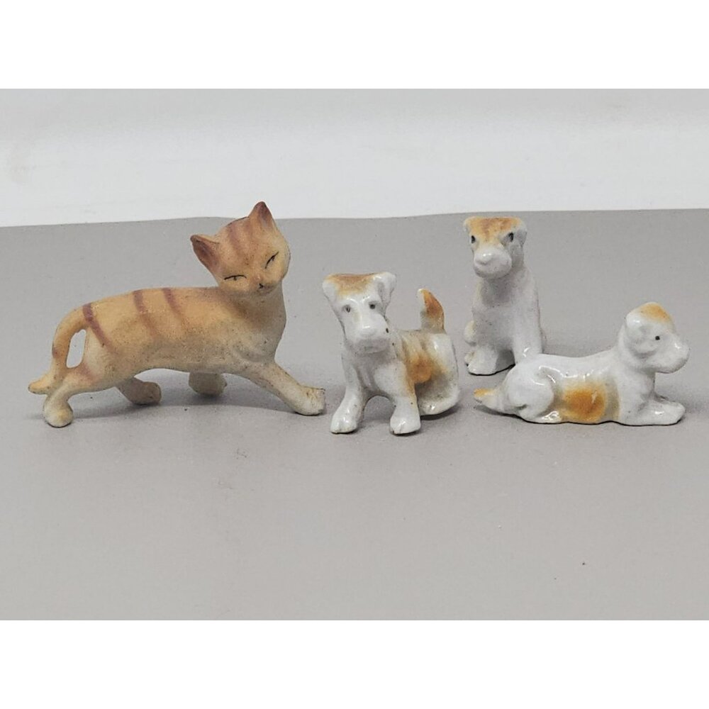 Vintage Miniature Bone China Terrier Schnauzer + Cat Family Figurines Japan
